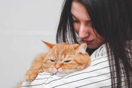 Photo for Portrait of one beautiful young Caucasian brunette with long and straight hair in a classic striped black and white jacket holding in her arms a red purebred cat with a satisfied emotion lying on her - Royalty Free Image