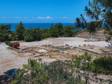 Beautiful panoramic view of the ruins of the historical medieval town of old Kamiros in a residential complex on top of a mountain overlooking the Aegean sea in Greece on the island of Rhodes on a