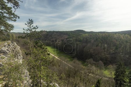 Schöner Panoramablick von der Höhe eines Berges auf ein Naturschutzgebiet mit einer Straße zwischen Bäumen und einem grünen Rasen in Rochefort, Belgien, an einem bewölkten Frühlingstag, Nahaufnahme von der Seite.