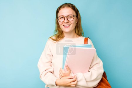 Photo for Young student caucasian woman isolated on blue background happy, smiling and cheerful. - Royalty Free Image