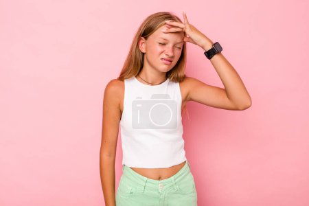 Photo for Caucasian teen girl isolated on pink background touching temples and having headache. - Royalty Free Image