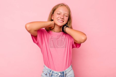 Photo for Caucasian teen girl isolated on pink background suffering neck pain due to sedentary lifestyle. - Royalty Free Image