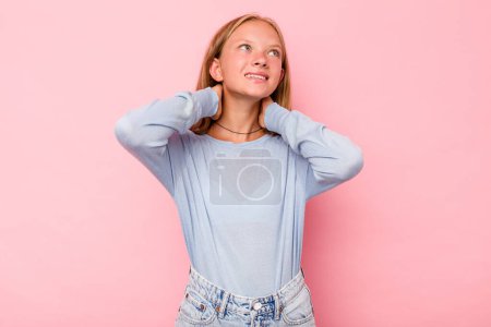 Photo for Caucasian teen girl isolated on pink background feeling confident, with hands behind the head. - Royalty Free Image