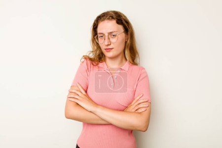 Photo for Young caucasian woman isolated on white background suspicious, uncertain, examining you. - Royalty Free Image
