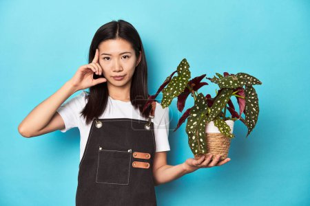 Photo for Young Asian gardener holding plant, studio backdrop, pointing temple with finger, thinking, focused on a task. - Royalty Free Image