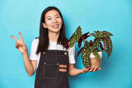 Foto de Joven jardinero asiático sosteniendo planta, estudio telón de fondo, alegre y despreocupado mostrando un símbolo de paz con los dedos. - Imagen libre de derechos