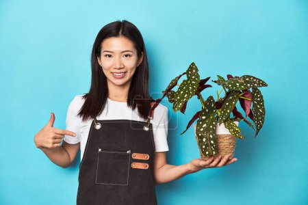 Téléchargez les photos : Jeune jardinier asiatique tenant plante, toile de fond studio, personne pointant à la main vers un espace de copie de chemise, fier et confiant - en image libre de droit