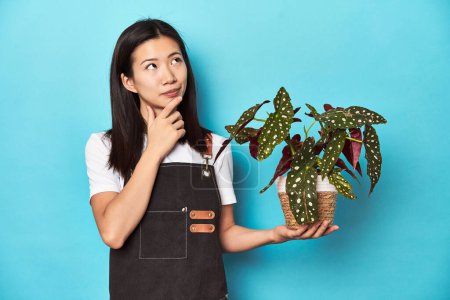 Foto de Joven jardinero asiático sosteniendo planta, fondo del estudio, mirando hacia los lados con expresión dudosa y escéptica. - Imagen libre de derechos