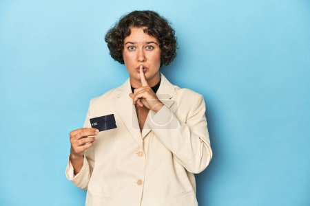 Téléchargez les photos : Jeune femme avec carte de crédit, élégant blazer blanc gardant un secret ou demandant le silence. - en image libre de droit