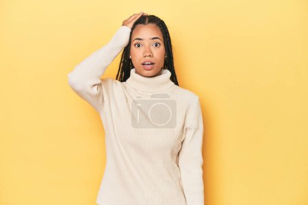 Photo for Young Indonesian woman on yellow studio backdrop being shocked, she has remembered important meeting. - Royalty Free Image