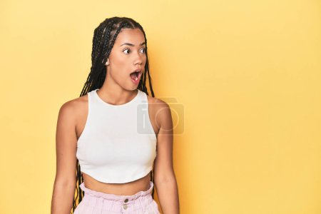 Photo for Young Indonesian woman on yellow studio backdrop being shocked because of something she has seen. - Royalty Free Image