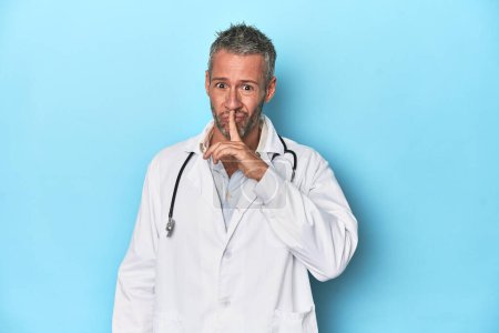 Foto de Médico caucásico de mediana edad sobre fondo azul guardando un secreto o pidiendo silencio. - Imagen libre de derechos