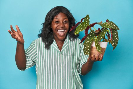 Foto de Curvy jardinero sosteniendo la planta en el estudio recibiendo una agradable sorpresa, emocionado y levantando las manos. - Imagen libre de derechos