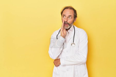 Photo for Doctor with stethoscope in yellow studio is saying a secret hot braking news and looking aside - Royalty Free Image