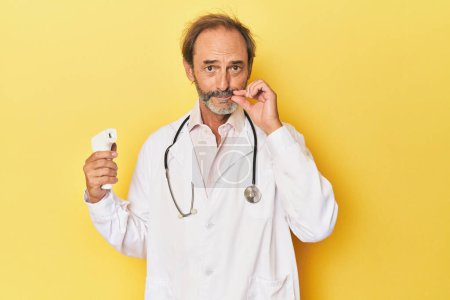 Foto de Doctor sosteniendo termómetro infrarrojo en el estudio con los dedos en los labios manteniendo un secreto. - Imagen libre de derechos