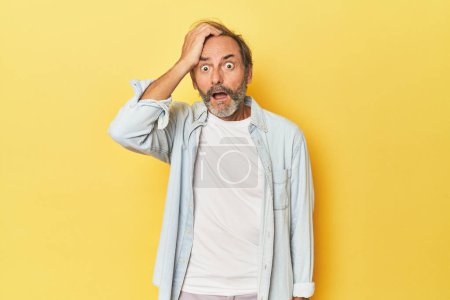 Photo for Caucasian middle-aged man in yellow studio being shocked, she has remembered important meeting. - Royalty Free Image