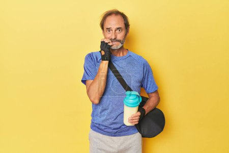 Photo for Gym-goer with protein shake in studio biting fingernails, nervous and very anxious. - Royalty Free Image