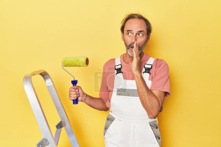 Téléchargez les photos : Homme peinture jaune toile de fond en studio dit une nouvelle secrète de freinage chaud et regarder de côté - en image libre de droit