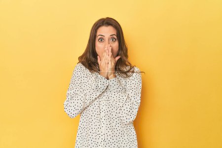 Photo for Portrait of adult woman shocked, covering mouth with hands, anxious to discover something new. - Royalty Free Image