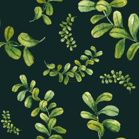 Foto de Patrón de acuarela con hojas y ramas verdes dibujadas a mano - Imagen libre de derechos