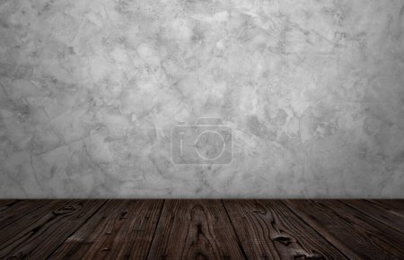 Foto de Vacío de la perspectiva de la decoración de interiores de madera textura piso y moderno brillante con negro y blanco angustia hormigón de la arquitectura edificio estructura de fondo. - Imagen libre de derechos