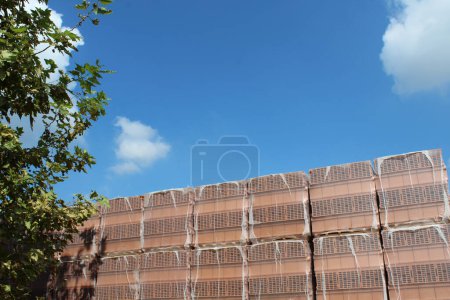 Téléchargez les photos : Briques fraîchement emballées pour être expédiées sur le chantier - en image libre de droit