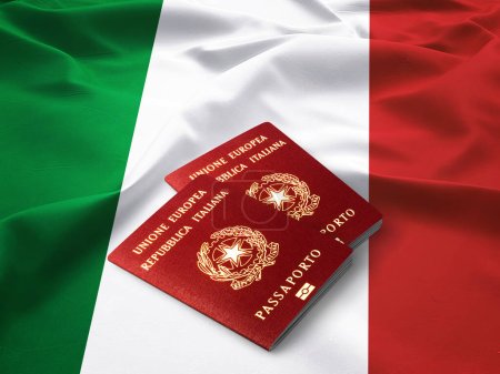 Italien Reisepass auf der Spitze der italienischen Flagge