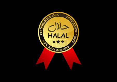 Téléchargez les illustrations : Panneau alimentaire halal, Insigne approuvé et aliments certifiés pour musulmans, Étiquette halal vectorielle en style or - en licence libre de droit