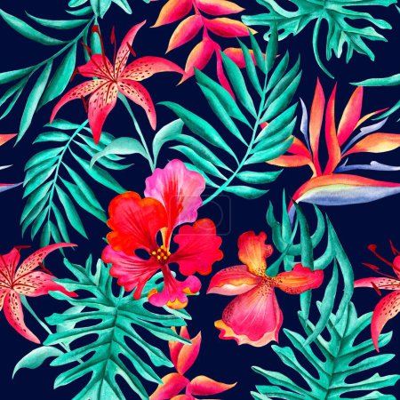Téléchargez les photos : Watercolor flowers pattern, red tropical elements, green leaves, black background, seamless - en image libre de droit
