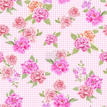 Photo for Watercolor flowers pattern, pink and orange tropical elements, green leaves, pink vichy background, seamless - Royalty Free Image