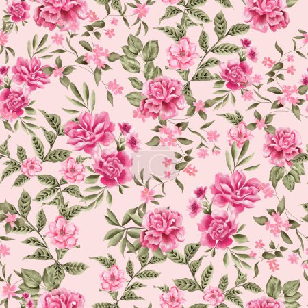 Photo for Watercolor flowers pattern, pink tropical elements, green leaves, pink background, seamless - Royalty Free Image