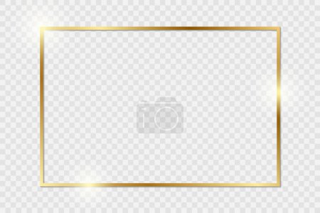 Illustration for Gold shiny glowing vintage frame with shadows isolated on transparent background. Golden luxury realistic rectangle border. PNG - Royalty Free Image