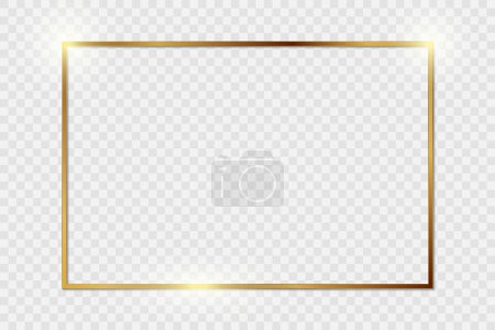 Gold shiny glowing vintage frame with shadows isolated on transparent background. Golden luxury realistic rectangle border. PNG
