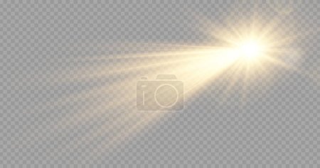 Étoile avec effet fusée éclairante et bokeh. Soleil avec rayons et projecteurs
