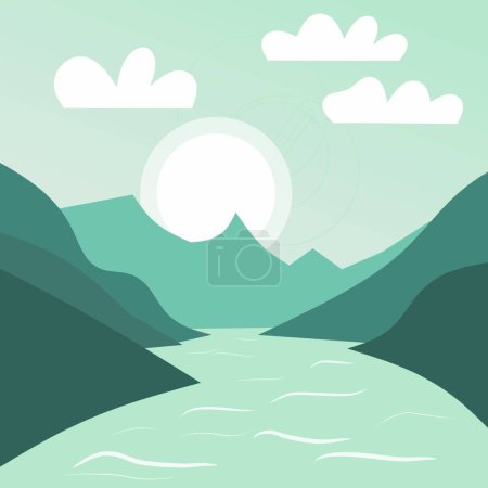 Ilustración de Vista del río verde entre valles en diseño plano - Imagen libre de derechos