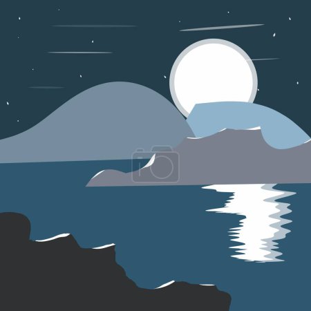 Ilustración de Noche Océano oscuro y montaña en diseño plano - Imagen libre de derechos