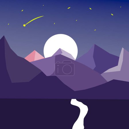 Ilustración de Paisaje de montaña con montañas y luna - Imagen libre de derechos