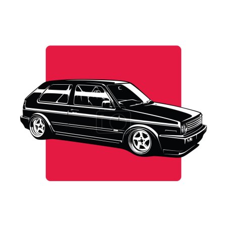 Illustration for Black Hatchback Vintage car on red background t-shirt design - Royalty Free Image