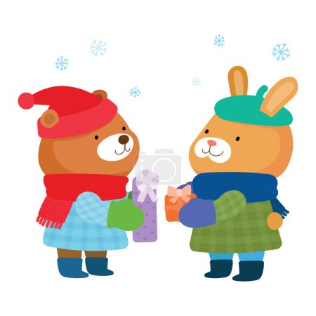 Cute cartoon bear and rabbit give gift vector.