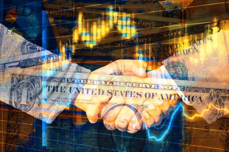 Photo for Double exposure of financial graph on businessmen handshake. concept of stock market analysis - Royalty Free Image