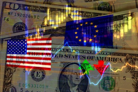 Téléchargez les photos : Bourse, économie et drapeaux des États-Unis et de l'Union européenne - en image libre de droit