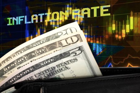 Photo for Dollar bills, financial graph and inflation rate inscription for background - Royalty Free Image