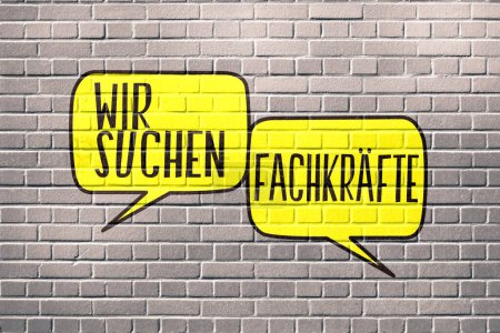 Photo for Collage illustration with WE ARE LOOKING FOR PROFESSIONALS german inscription in speech bubbles on brick wall - Royalty Free Image