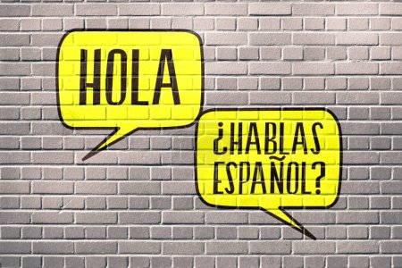 Photo for Collage illustration with Hello, DO YOU SPEAK SPANISH inscription in speech bubbles on brick wall - Royalty Free Image