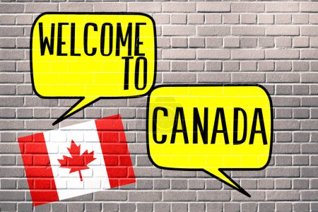 Photo for Collage illustration with welcome to canada inscription in speech bubbles on brick wall - Royalty Free Image