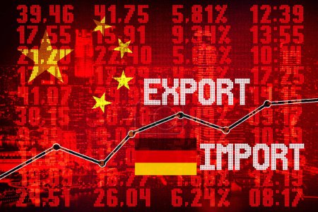Foto de Pantalla roja del mercado de valores con banderas chinas y alemanas concepto de importación de exportación - Imagen libre de derechos