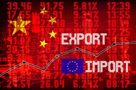 Photo for Red stock market screen with chinese and euro flags export import concept - Royalty Free Image