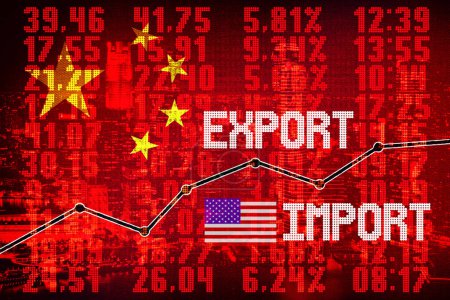 Foto de Pantalla roja del mercado de valores con banderas chinas y estadounidenses concepto de importación de exportación - Imagen libre de derechos