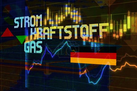 Foto de Carta financiera y gráficos con bandera alemana y electricidad, combustible, inscripción de gas en alemán - Imagen libre de derechos