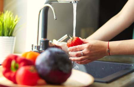 Téléchargez les photos : Femme laver les tomates dans l'évier de cuisine gros plan. - en image libre de droit